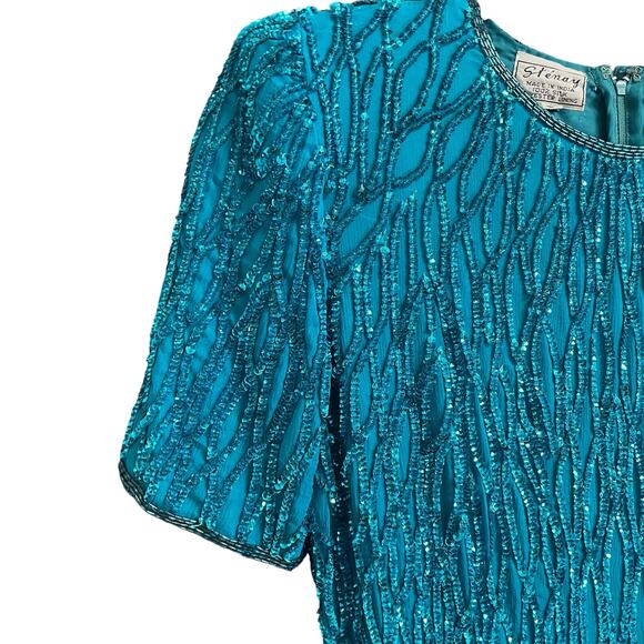 Vintage Stenay 100% Silk Aqua Full Sequin Cocktail Dress Beaded Neck Womens 8 - Picture 3 of 6